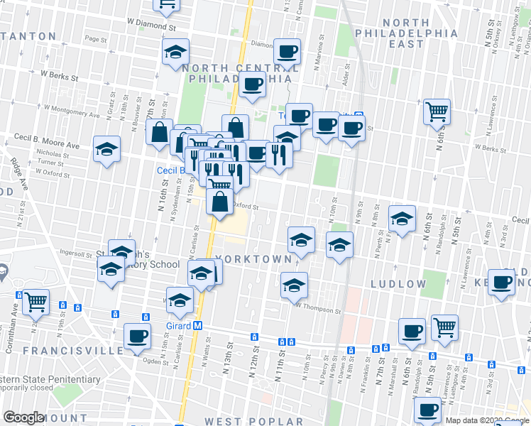 map of restaurants, bars, coffee shops, grocery stores, and more near 1214 West Oxford Street in Philadelphia