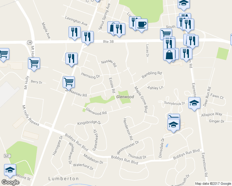 map of restaurants, bars, coffee shops, grocery stores, and more near 25 Estate Road in Lumberton
