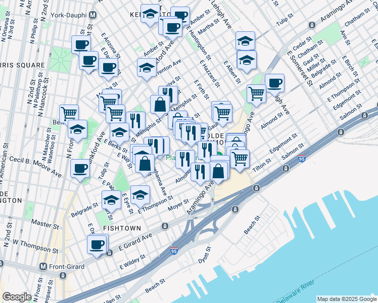 map of restaurants, bars, coffee shops, grocery stores, and more near 2347 Belgrade Street in Philadelphia