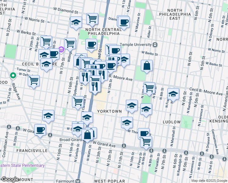 map of restaurants, bars, coffee shops, grocery stores, and more near 1216 West Oxford Street in Philadelphia