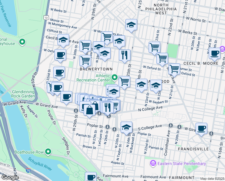 map of restaurants, bars, coffee shops, grocery stores, and more near 1334 North 26th Street in Philadelphia