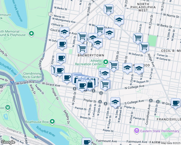 map of restaurants, bars, coffee shops, grocery stores, and more near 1332 North Marston Street in Philadelphia