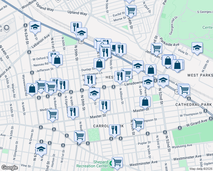map of restaurants, bars, coffee shops, grocery stores, and more near in Philadelphia