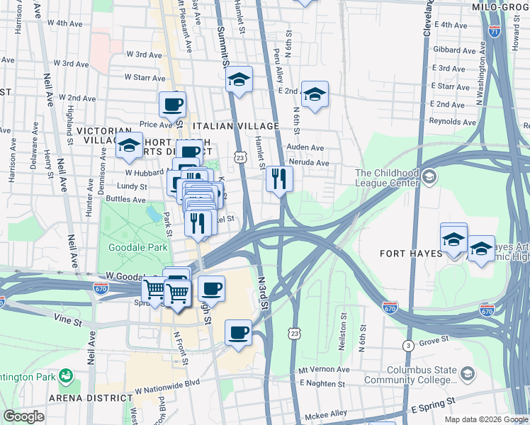 map of restaurants, bars, coffee shops, grocery stores, and more near 684 Hamlet Street in Columbus