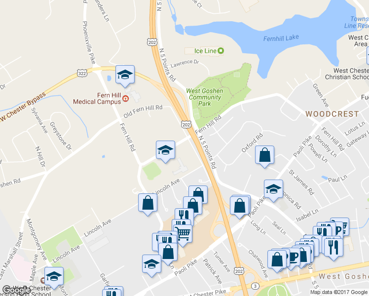map of restaurants, bars, coffee shops, grocery stores, and more near 990 Fern Hill Road in West Chester