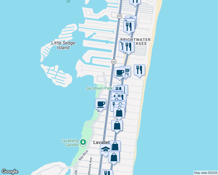 map of restaurants, bars, coffee shops, grocery stores, and more near 114 Kerr Avenue in Lavallette