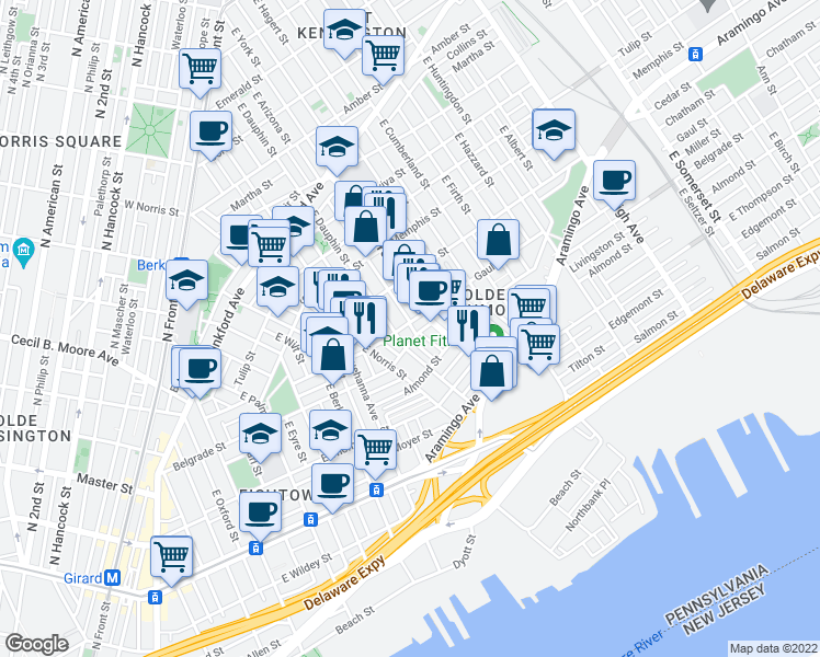 map of restaurants, bars, coffee shops, grocery stores, and more near 2317 Gaul Street in Philadelphia