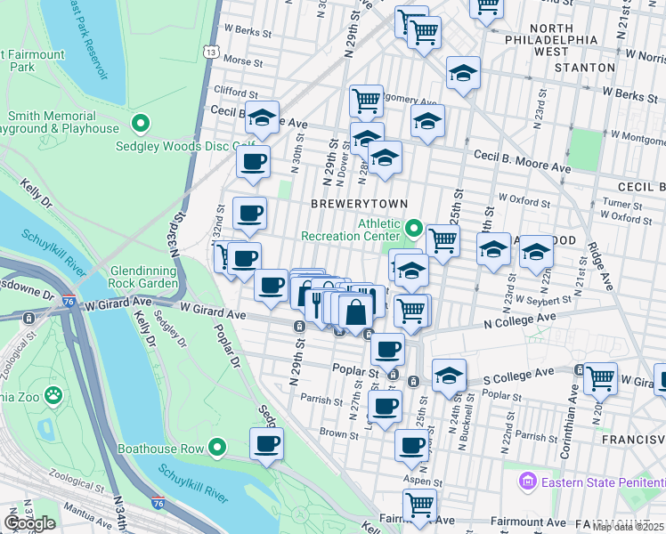 map of restaurants, bars, coffee shops, grocery stores, and more near 1324 North Newkirk Street in Philadelphia