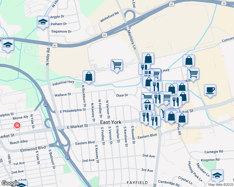 map of restaurants, bars, coffee shops, grocery stores, and more near 2207 Dixie Drive in East York