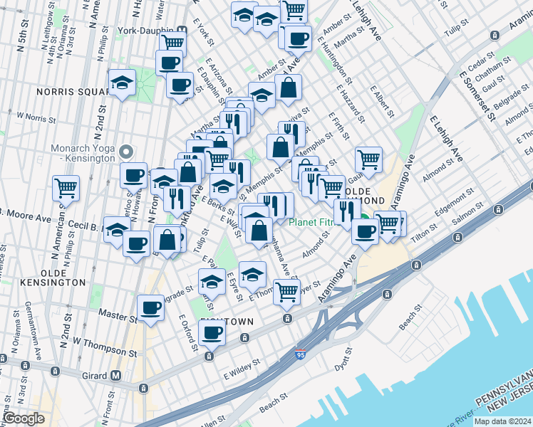 map of restaurants, bars, coffee shops, grocery stores, and more near 2401 East Norris Street in Philadelphia