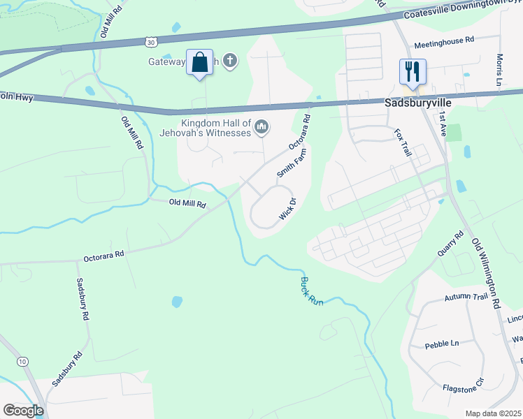 map of restaurants, bars, coffee shops, grocery stores, and more near 10 Wick Drive in Parkesburg