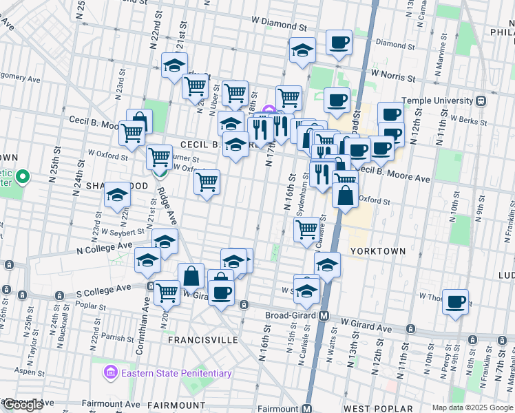 map of restaurants, bars, coffee shops, grocery stores, and more near 1684 West Jefferson Street in Philadelphia