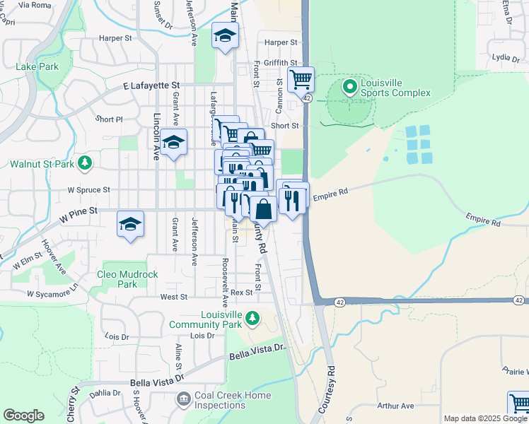 map of restaurants, bars, coffee shops, grocery stores, and more near 1006 Pine Street in Louisville