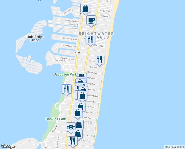 map of restaurants, bars, coffee shops, grocery stores, and more near 16 White Avenue in Lavallette