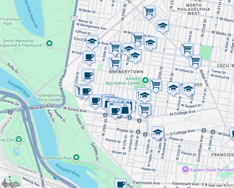 map of restaurants, bars, coffee shops, grocery stores, and more near 1324 North Newkirk Street in Philadelphia