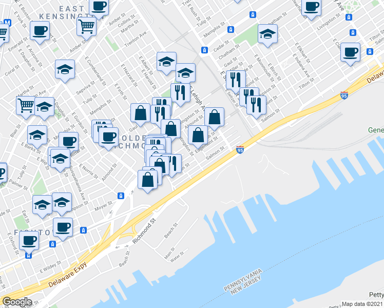 map of restaurants, bars, coffee shops, grocery stores, and more near Edgemont St & E Huntingdon St in Philadelphia
