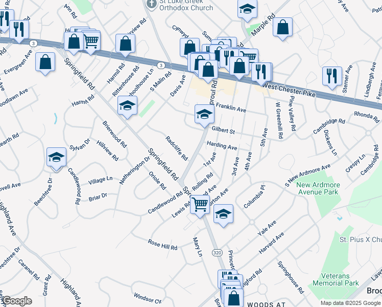 map of restaurants, bars, coffee shops, grocery stores, and more near 132 South Sproul Road in Broomall