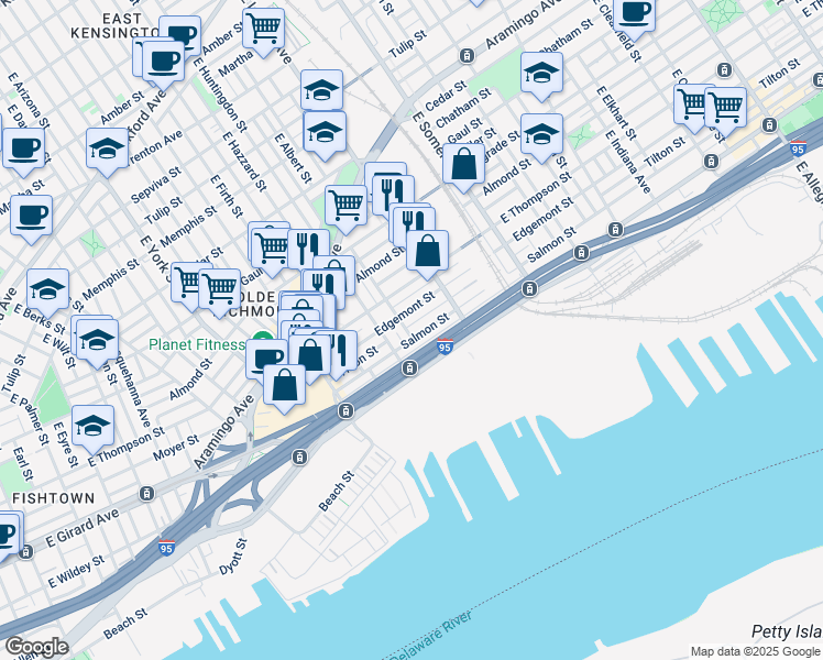 map of restaurants, bars, coffee shops, grocery stores, and more near 2721 East Albert Street in Philadelphia