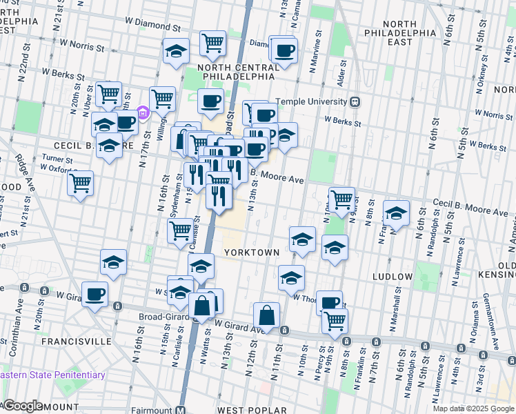 map of restaurants, bars, coffee shops, grocery stores, and more near 1224 West Oxford Street in Philadelphia