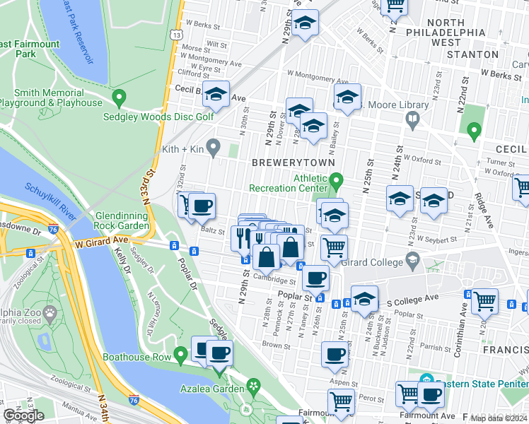 map of restaurants, bars, coffee shops, grocery stores, and more near 1322 North Dover Street in Philadelphia