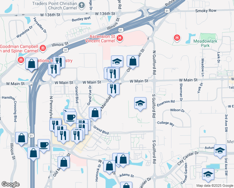 map of restaurants, bars, coffee shops, grocery stores, and more near 12955 N Meridian St in Carmel