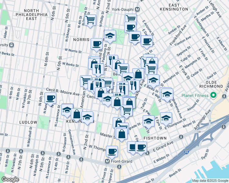map of restaurants, bars, coffee shops, grocery stores, and more near 1762 North Howard Street in Philadelphia