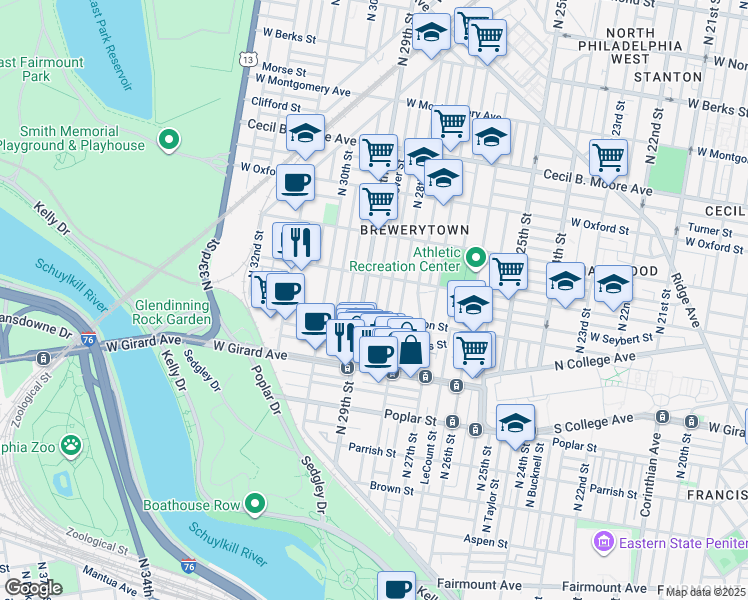 map of restaurants, bars, coffee shops, grocery stores, and more near 1322 North Dover Street in Philadelphia