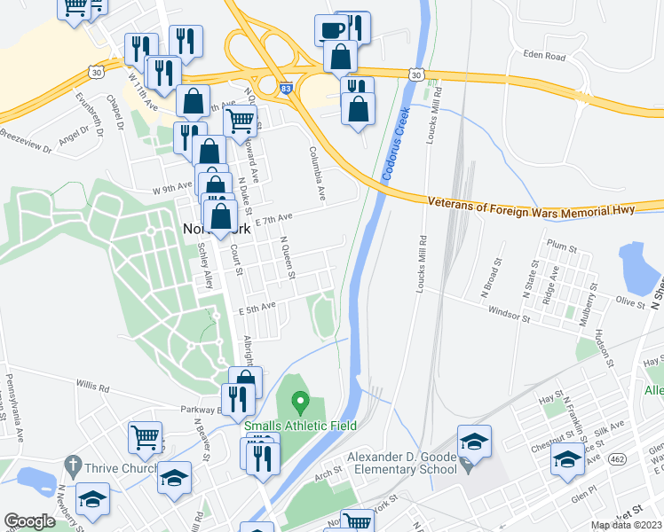 map of restaurants, bars, coffee shops, grocery stores, and more near 351 Meade Street in York