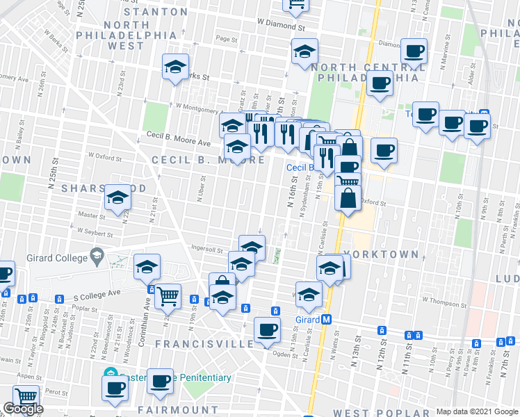 map of restaurants, bars, coffee shops, grocery stores, and more near 1506 North 17th Street in Philadelphia