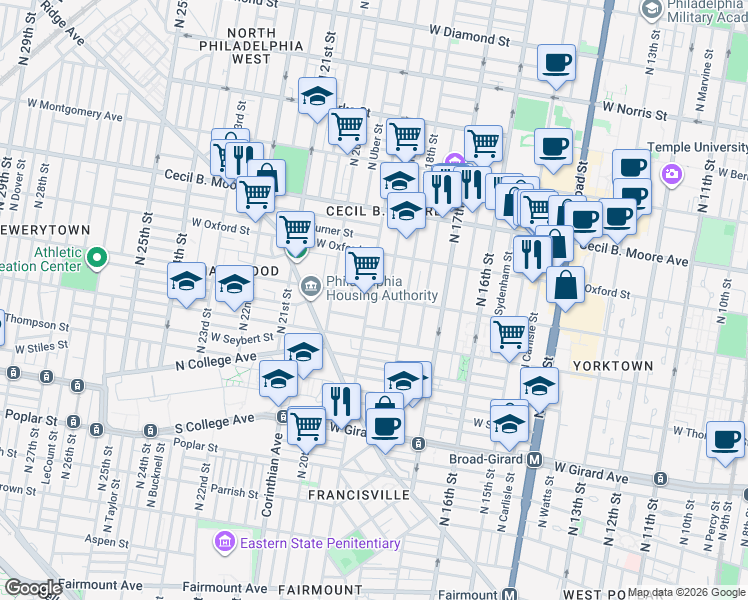 map of restaurants, bars, coffee shops, grocery stores, and more near 1445 North 19th Street in Philadelphia