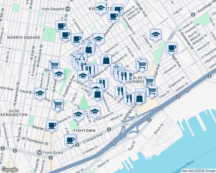 map of restaurants, bars, coffee shops, grocery stores, and more near 2437 East Dauphin Street in Philadelphia