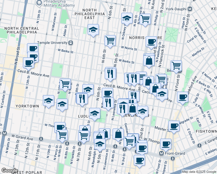 map of restaurants, bars, coffee shops, grocery stores, and more near 504 Cecil B. Moore Avenue in Philadelphia