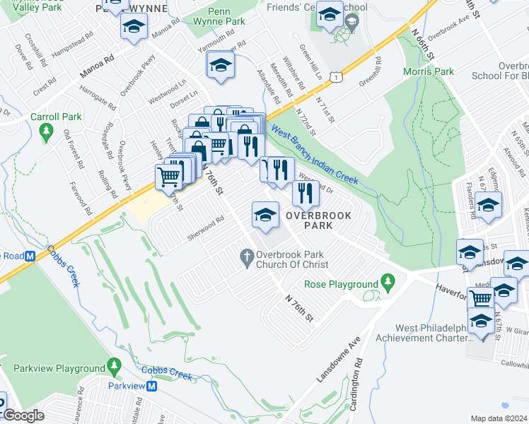 map of restaurants, bars, coffee shops, grocery stores, and more near 7524 Brentwood Road in Philadelphia