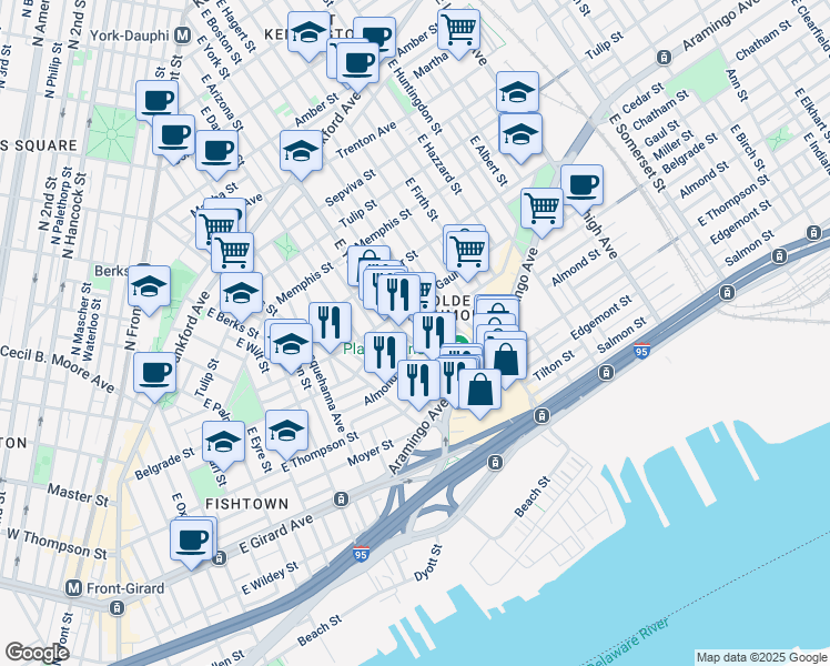 map of restaurants, bars, coffee shops, grocery stores, and more near 2540 East York Street in Philadelphia