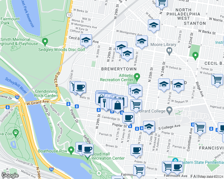 map of restaurants, bars, coffee shops, grocery stores, and more near 1327 North Newkirk Street in Philadelphia