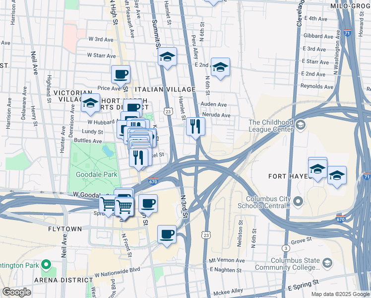 map of restaurants, bars, coffee shops, grocery stores, and more near 684 Hamlet Street in Columbus
