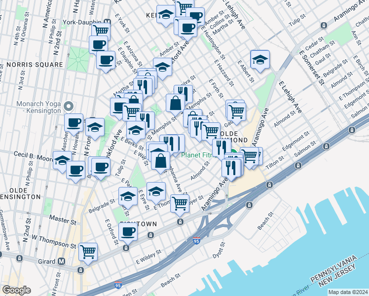 map of restaurants, bars, coffee shops, grocery stores, and more near 2424 East Dauphin Street in Philadelphia