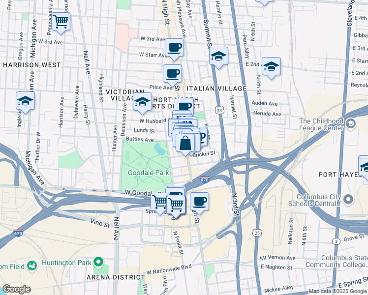 map of restaurants, bars, coffee shops, grocery stores, and more near in Columbus