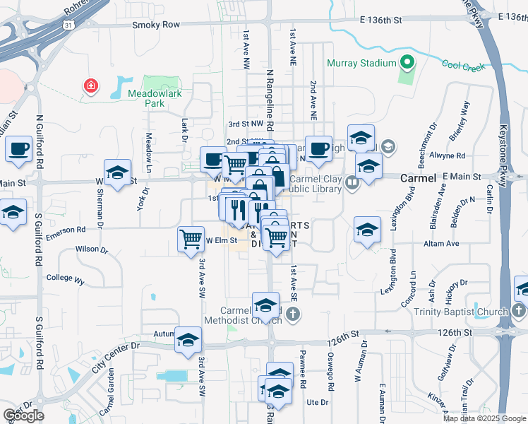 map of restaurants, bars, coffee shops, grocery stores, and more near 200 South Rangeline Road in Carmel