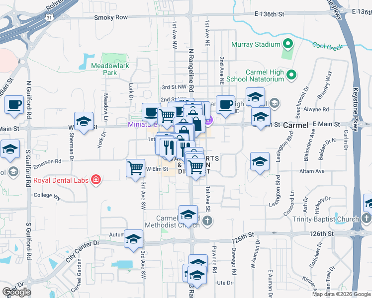 map of restaurants, bars, coffee shops, grocery stores, and more near 200 South Rangeline Road in Carmel