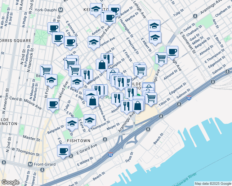 map of restaurants, bars, coffee shops, grocery stores, and more near 2319 Gaul Street in Philadelphia