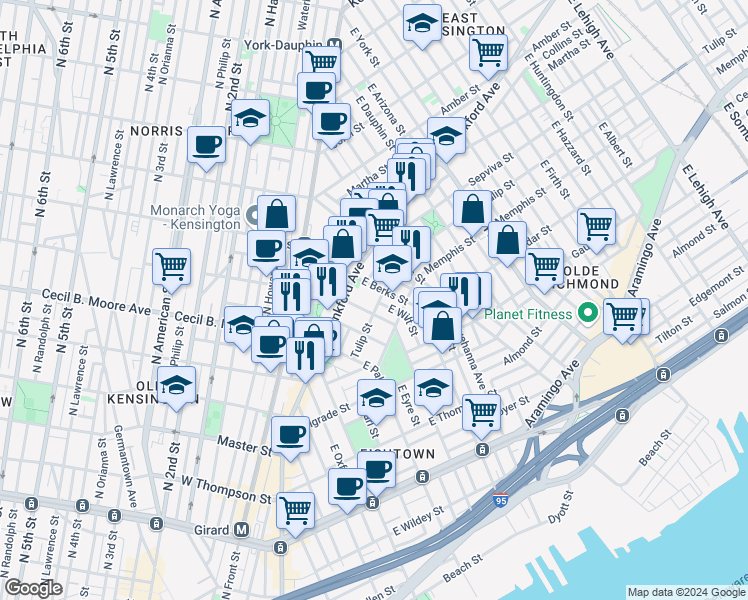 map of restaurants, bars, coffee shops, grocery stores, and more near 1814 Tulip Street in Philadelphia