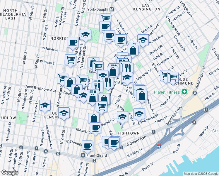 map of restaurants, bars, coffee shops, grocery stores, and more near 8 East Montgomery Avenue in Philadelphia