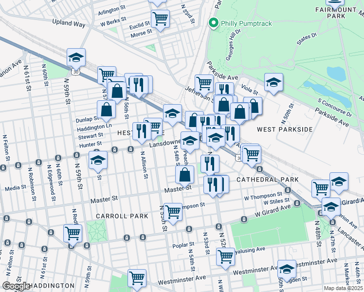 map of restaurants, bars, coffee shops, grocery stores, and more near 1546 North Peach Street in Philadelphia