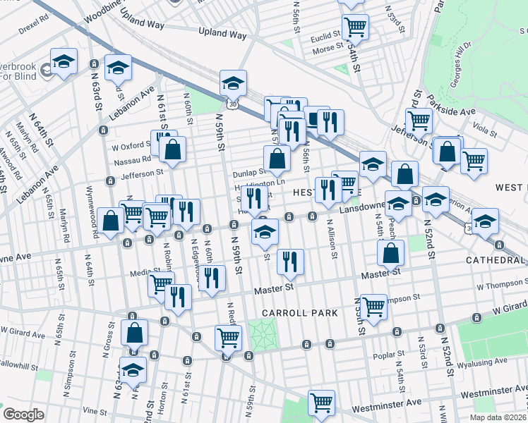 map of restaurants, bars, coffee shops, grocery stores, and more near 5801 Lansdowne Avenue in Philadelphia