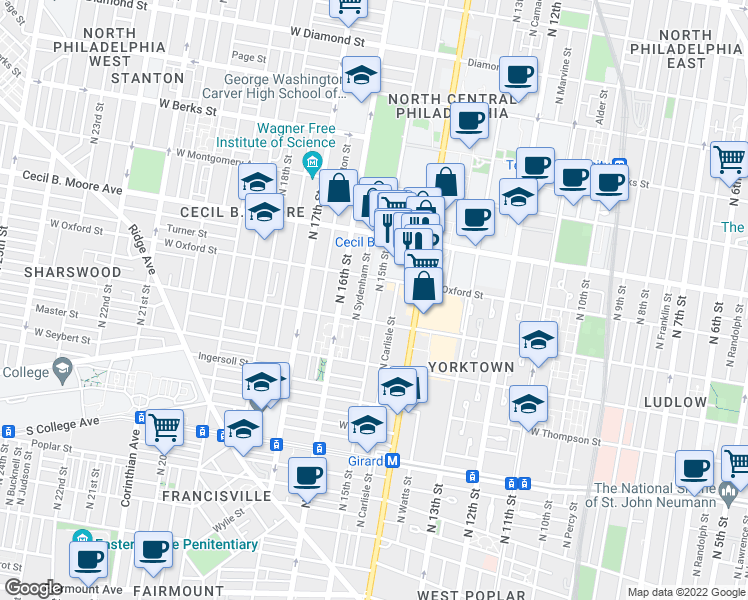 map of restaurants, bars, coffee shops, grocery stores, and more near 1520 North 15th Street in Philadelphia