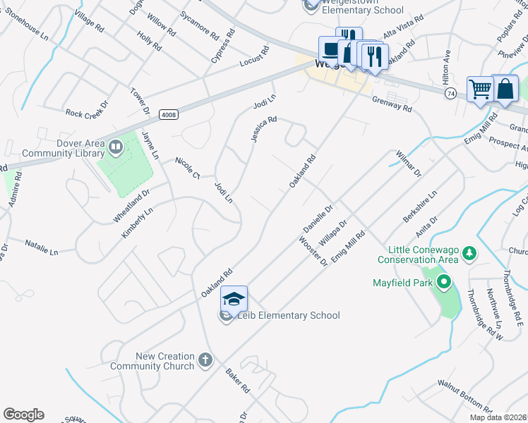 map of restaurants, bars, coffee shops, grocery stores, and more near 2743 Oakland Road in Dover