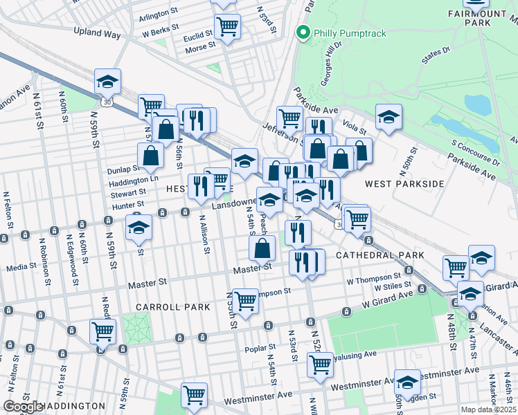map of restaurants, bars, coffee shops, grocery stores, and more near 1546 North Peach Street in Philadelphia