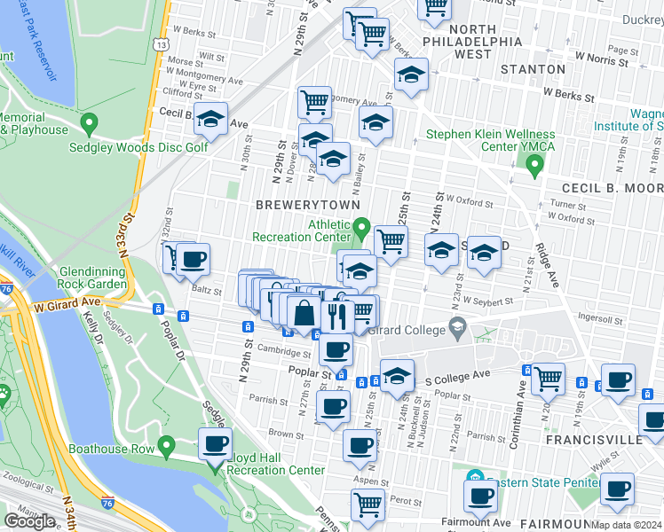 map of restaurants, bars, coffee shops, grocery stores, and more near 2632 Master Street in Philadelphia