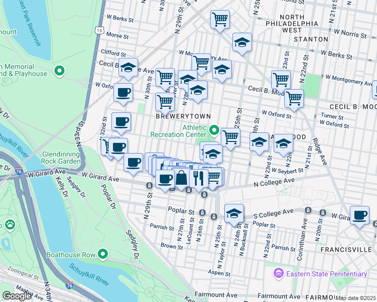 map of restaurants, bars, coffee shops, grocery stores, and more near 1335 North Marston Street in Philadelphia